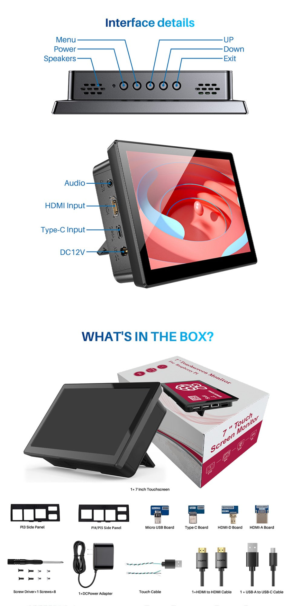 7 inch Touch Screen Monitor for Embeddable Raspberry Pi 4 3 Banana Orange RasPi 1024*600 LCD Display HMDI VESA Fan Cover