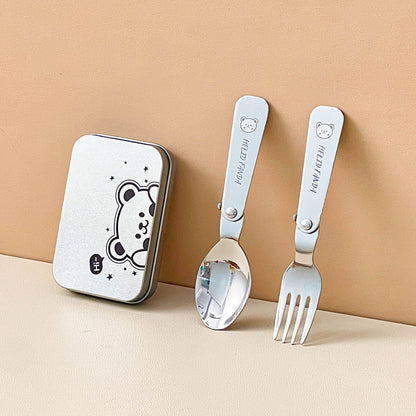WORTHBUY 3Pcs/Set Portable Foldable Dinnerware Set 304 Stainless Steel Folding Fork Spoon With Cutlery Box Cute Picnic Tableware
