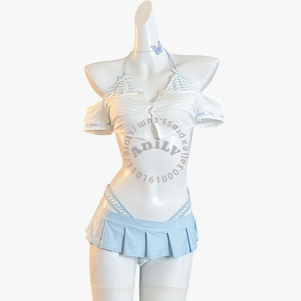 AniLV Anime Summer Beach Vacation Stripe Bikini Student Swimsuit Outfits Cosplay Costumes