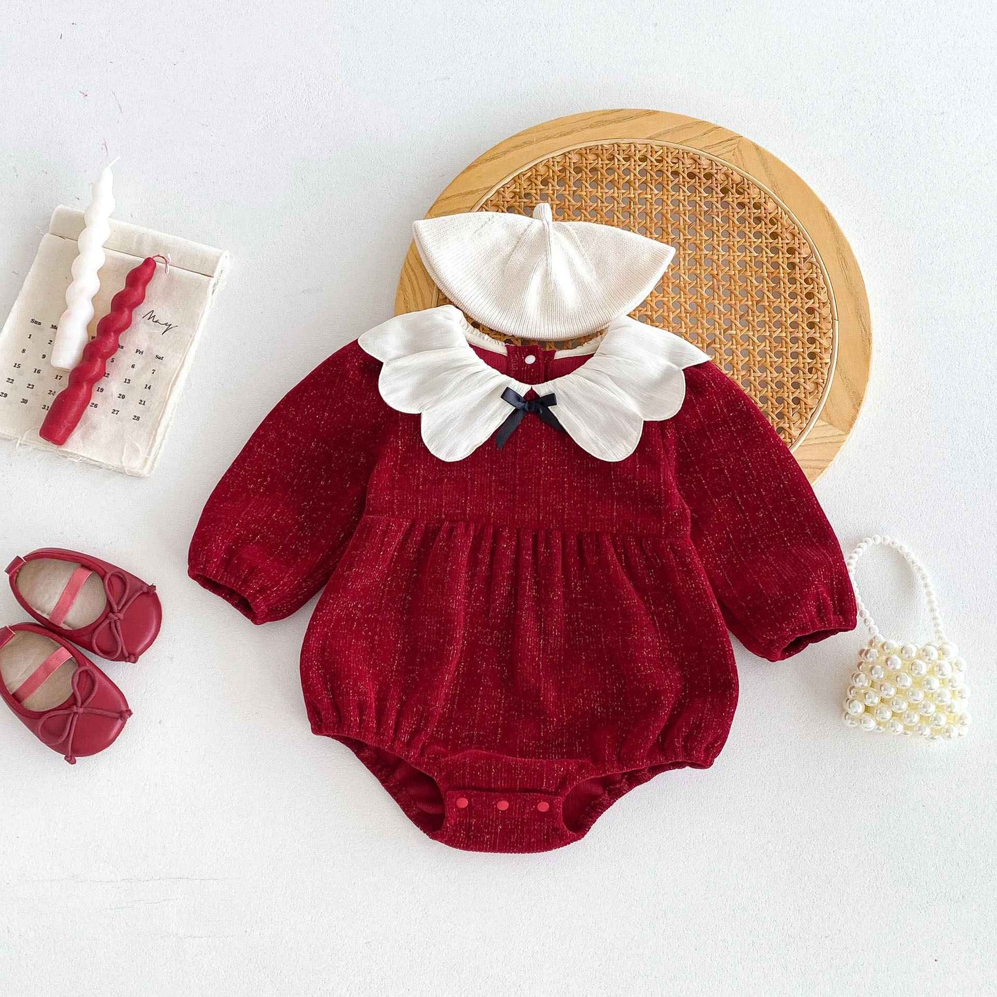 Newborn Christmas Red Clothes Autumn Kids Baby Girls Sweet Petal Collar Princess Rompers Infant New Baby Girls Rompers Clothes