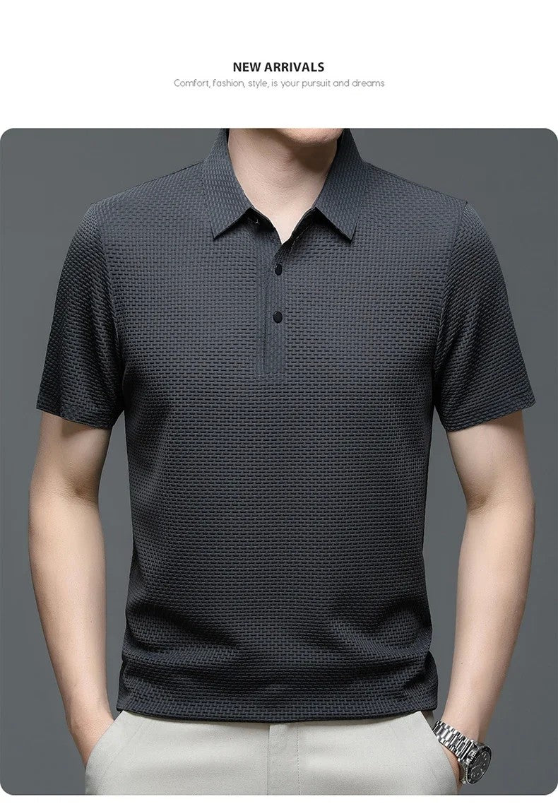Summer New Men's Lop-up Hollow Short-sleeved Polo Tee Shirt Ice Silk Breathable Business Fashion T-Shirt Male Brand Clothes