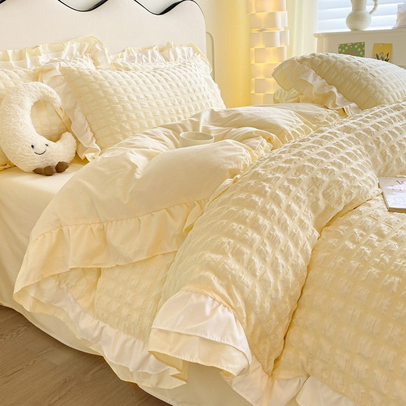 Conjunto de cama de renda coreana 3 peças de seersucker (1*Capa de Edredom + 2*Fronhas, Sem Enchimento) para quarto de hóspedes