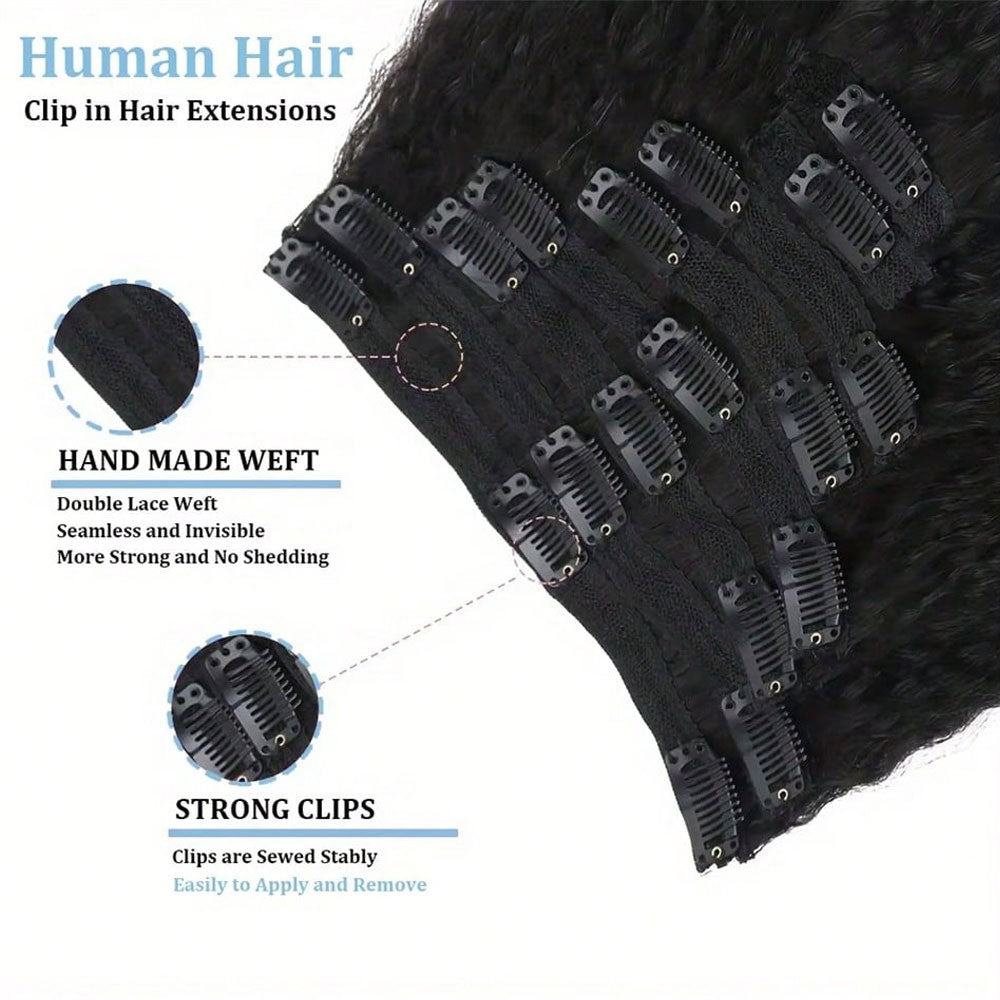 Apliques de cabelo com clipe Kinky Straight Cabelo humano real Preto natural Trama dupla para mulheres de 16 a 28 polegadas 100g 8 peças