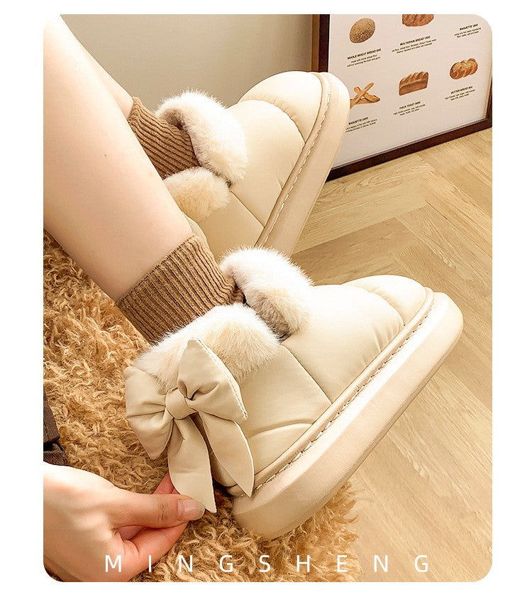Cute Warm Ankle Boots Winter Women's Bow Warmth Plush Bow Cotton Shoes 2025 New Waterproof Down Cloth Short Barrel Snow Boots