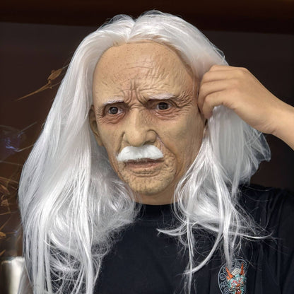 Realistic Old Man Latex Mask with Long White Hair & Mustache – Full Head Cosplay Helmet for Halloween Costume Party Props