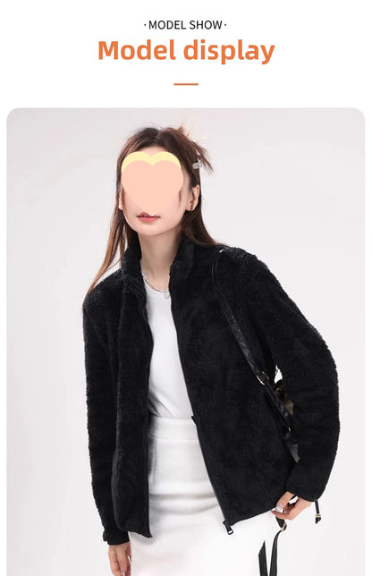 Women's Double-Sided Fleece Jacket Grey Warm Stand-Collar Thick Winter Outerwear Trendy Sweatshirt Style Casual Loose Fit