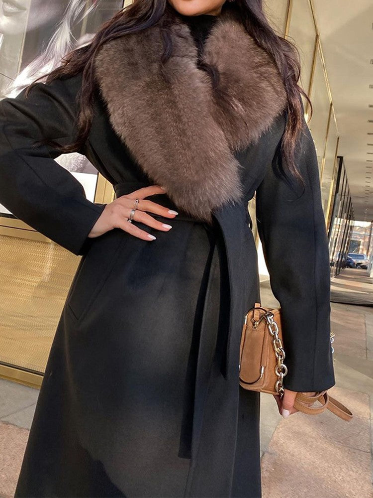 Solid Fur Collar Woolen Maxi Coat Women Fashion Lapel Full Sleeve Lace Up Pocket Loose Long Jacket Lady Autumn Daily Street Wear