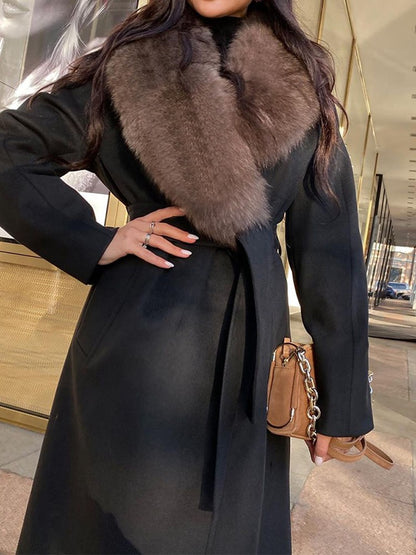 Solid Fur Collar Woolen Maxi Coat Women Fashion Lapel Full Sleeve Lace Up Pocket Loose Long Jacket Lady Autumn Daily Street Wear