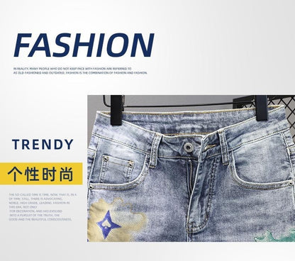 Summer 2024 New Fashion Trend Printed Stretch Cotton Shorts Men's Casual Sashimi Comfort High Quality Plus-Size Denim Shorts