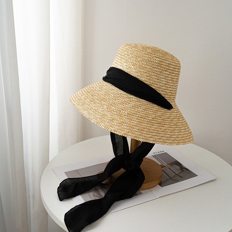 2024 Summer Straw Hat Beach Hat Women's Seaside Sun Hat Vacation Bow Ribbon Flat Top Big Brim Straw Hat praia ??