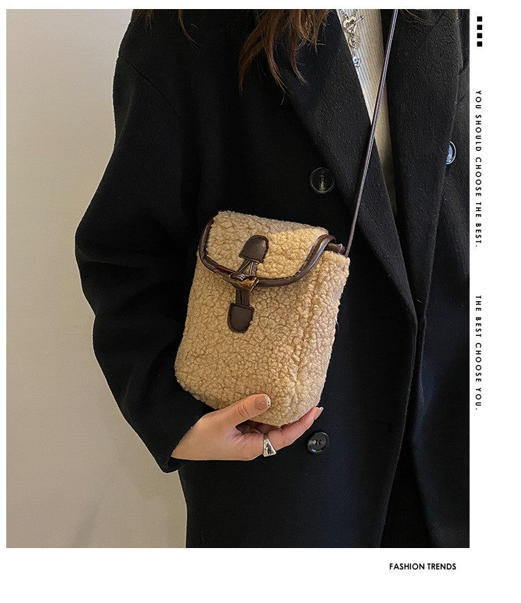 Fashion Winter Lambswool Phone Bag Sweet Lovely Portable Women Wallets Square Purse Faux Fur Plush Shoulder Bags Purses Handbags