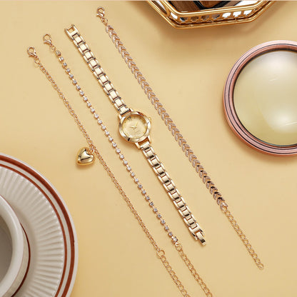 Women's Roman Numeral Gold Quartz Watch 4-Piece Set, Fashionable Quartz Watch Set with Diamond-Studded Bracelet