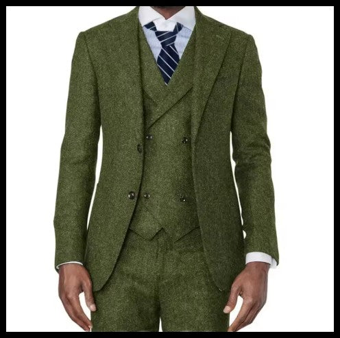 3 Pieces Green Wool Tweed Herringbone Business Retro Classic PatternTuxedos For Wedding Blazer Pants Vest