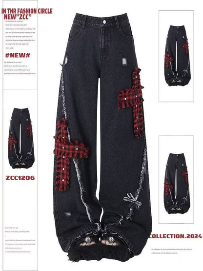 Y2K Red Gothic Hip-Hop Hole Vintage Jeans Girl High Street Trend American Baggy Wash Overall Belt Splicing Woman Wide-leg Pants