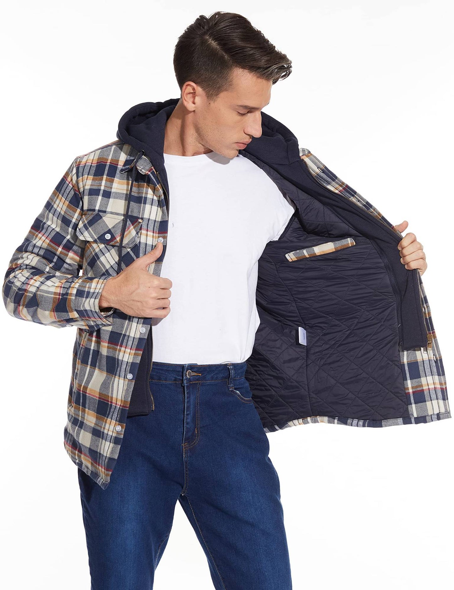 MAGCOMSEN Men's Flannel Jacket with Removable Hood 5 Pockets Plaid Quilted Lined Winter Coats Thick Hoodie Outwear Fleece Jacket