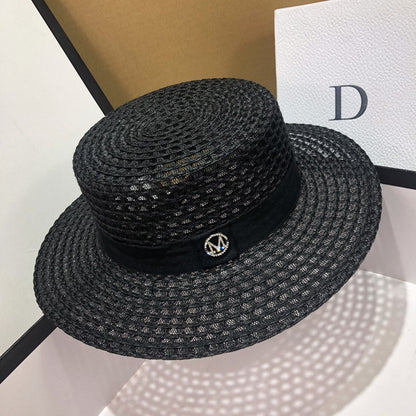 Chapéu de palha de verão PP preto e branco, chapéu de sol, protetor solar, férias, praia, abas largas, chapéu de sol de verão