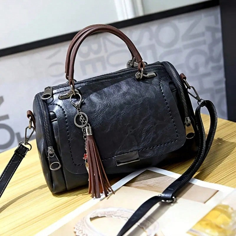 Tassel Decor Women's Large Capacity Shoulder Bag Fashion Zipper Crossbody Bag With Removable Strap Boston Handbag