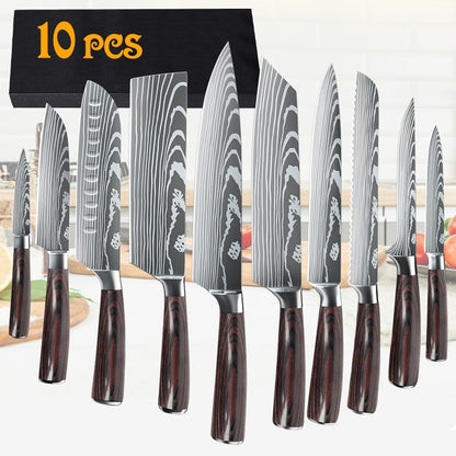 MDHAND Conjunto de Facas de Chef com Padrão de Damasco a Laser de 1 a 10 peças, Fatiador de Carne em Aço Inoxidável, Cutelo com Cabo de Madeira Antiderrapante, Coleção