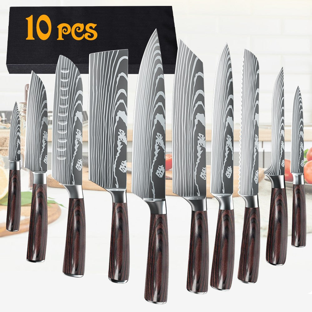 MDHAND Conjunto de Facas de Chef com Padrão de Damasco a Laser de 1 a 10 peças, Fatiador de Carne em Aço Inoxidável, Cutelo com Cabo de Madeira Antiderrapante, Coleção