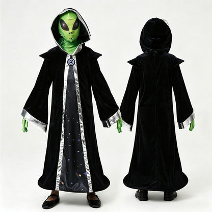 Adult Child Alien Wizard Cosplay Costume Starry Sky Hooded Cape Green Gloves Mesh Mask Perfect Halloween Parties Space Adventure