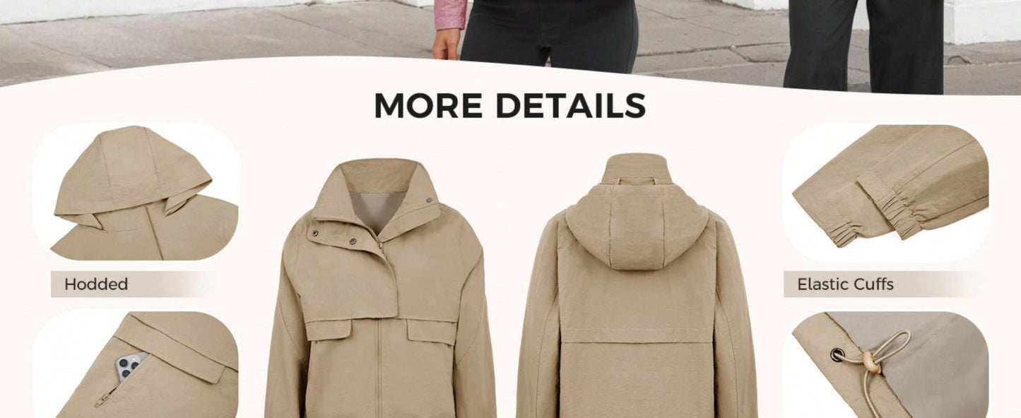 Fisoew Womens Cropped Jacket Zip Up Lightweight Hooded Trench Coat Active Outdoor Windbreaker Raincoat with Pockets