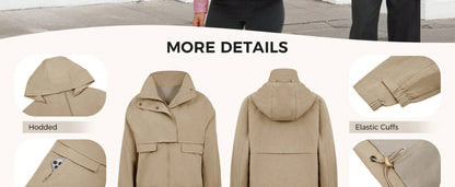 Fisoew Womens Cropped Jacket Zip Up Lightweight Hooded Trench Coat Active Outdoor Windbreaker Raincoat with Pockets