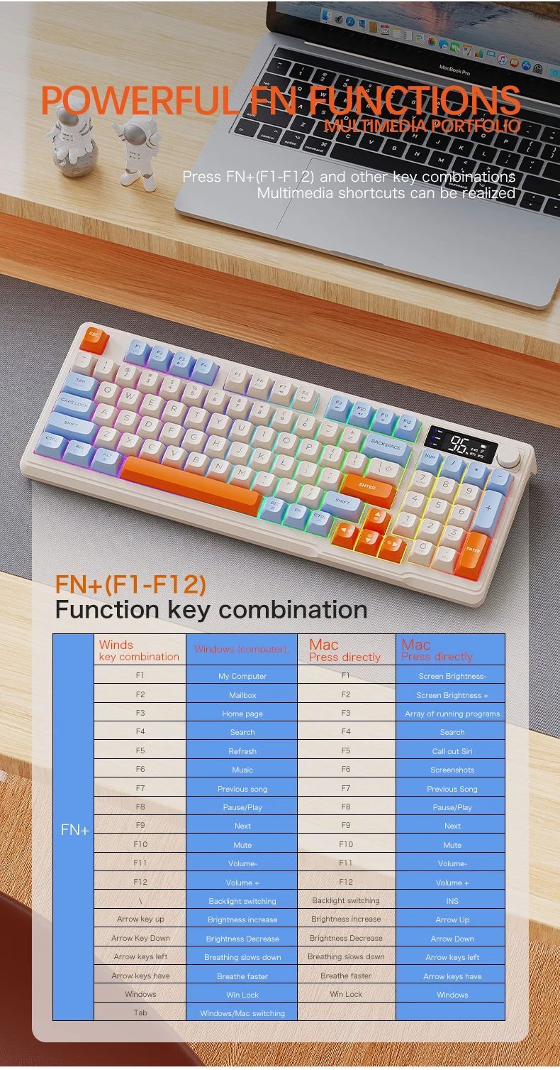 Teclado Bluetooth M96 Sem Fio FREEWOLF Teclado Gamer com Tela,Tela Eletrônica,Conexão Multi-Dispositivos,Ergonomia Gaming