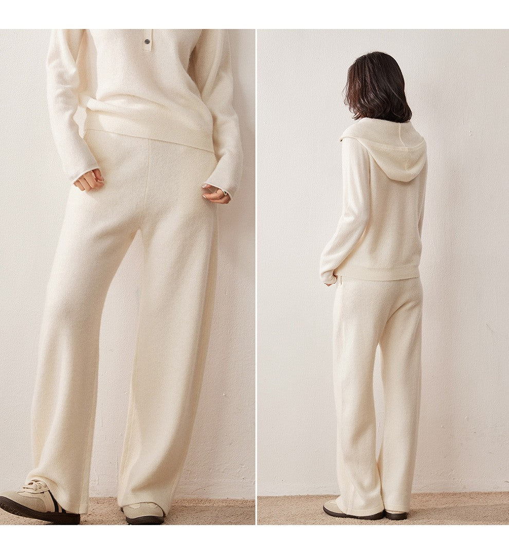 Autumn Winter New 100% Pure Cashmere Women Half Open Front Hoodie Set Knitted Two Piece Pullover Knitwear Wide Leg Pants