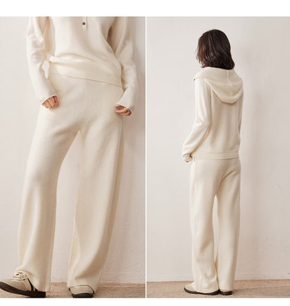 Autumn Winter New 100% Pure Cashmere Women Half Open Front Hoodie Set Knitted Two Piece Pullover Knitwear Wide Leg Pants