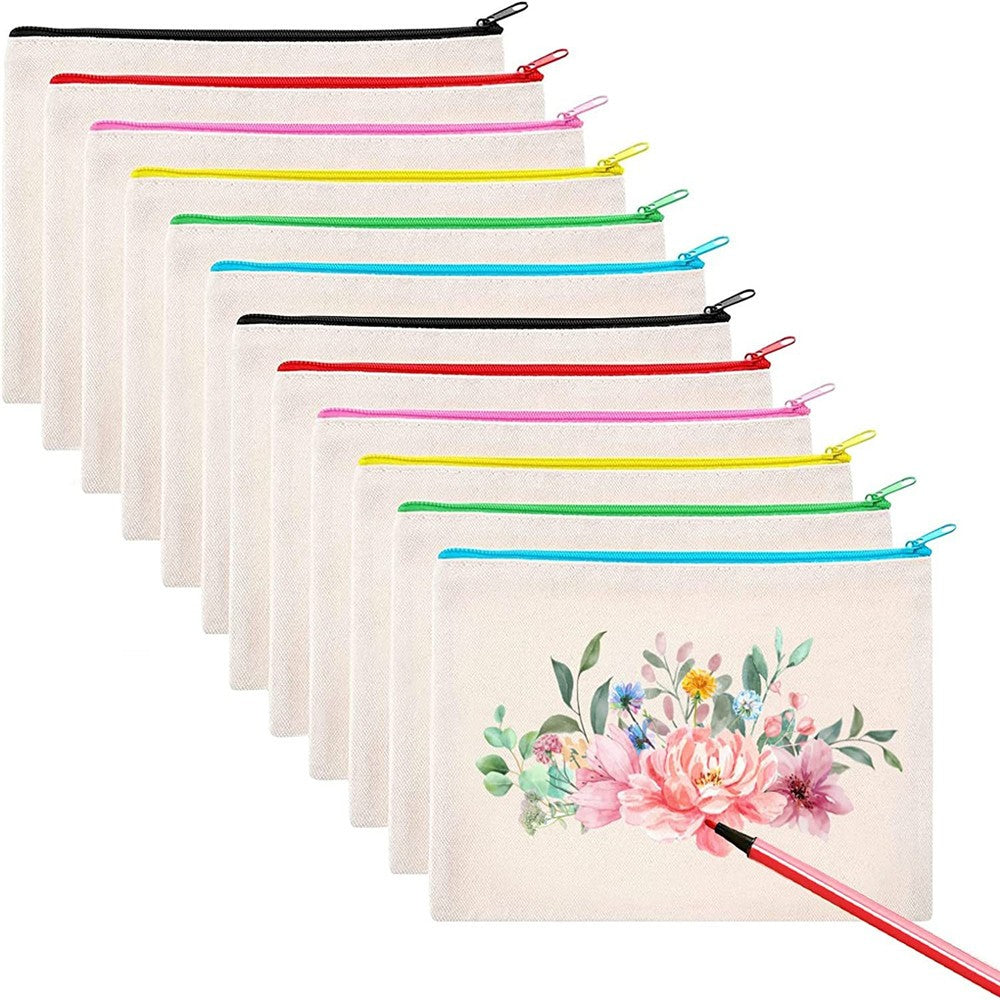 12Pcs Canvas Zipper Pouch Blank DIY Craft Pencil Case, Multipurpose Makeup Bags for Pen, Cosmetic, Invoice Bill