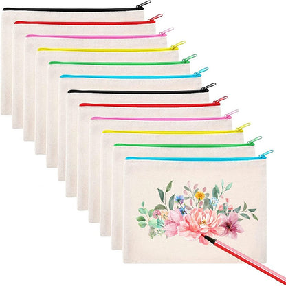 12Pcs Canvas Zipper Pouch Blank DIY Craft Pencil Case, Multipurpose Makeup Bags for Pen, Cosmetic, Invoice Bill