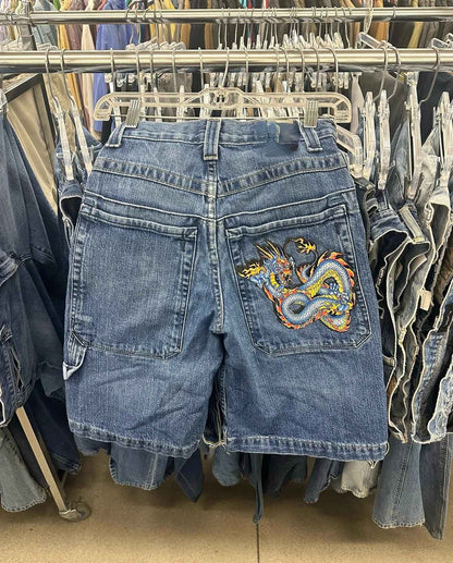 Y2K Gothic Diamond Cross Embroidery Denim Shorts American Retro Blue Gym Shorts Rhinestone Streetwear Hip Hop Men Women Jorts