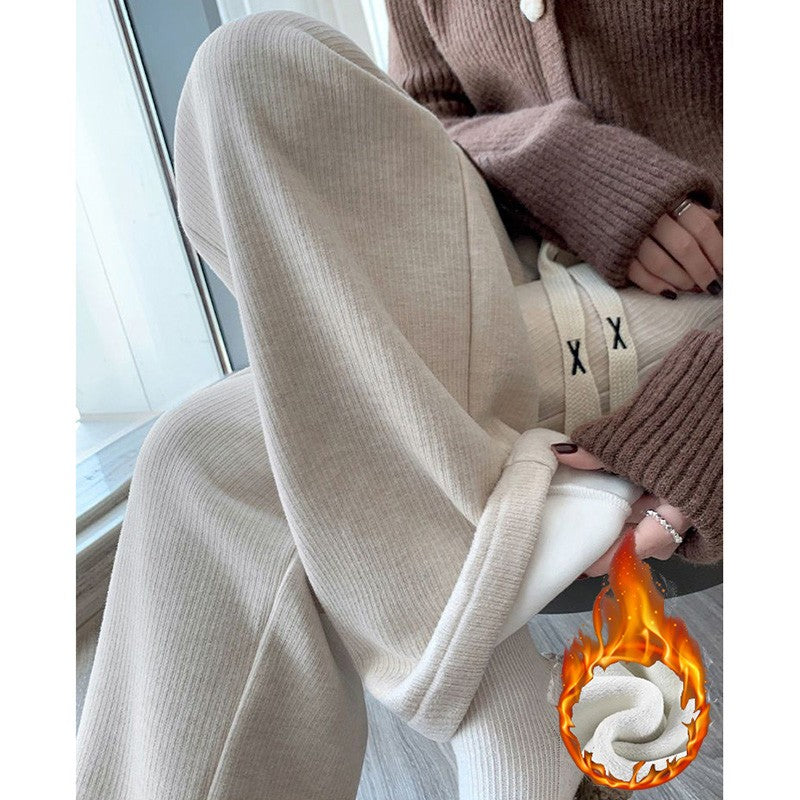 Winter Lady High Waisted Fleece Pants Girls Warm Thermal Straight Leg Trousers Female Classic Solid Drawstring Pants