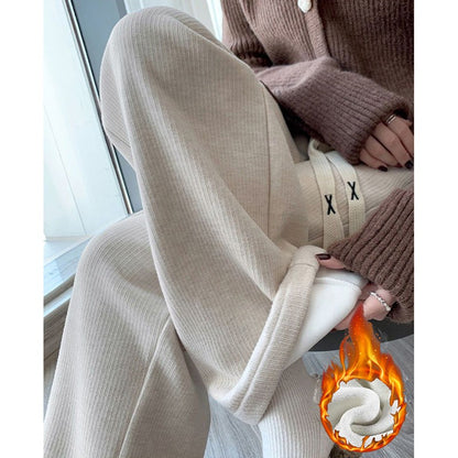 Winter Lady High Waisted Fleece Pants Girls Warm Thermal Straight Leg Trousers Female Classic Solid Drawstring Pants