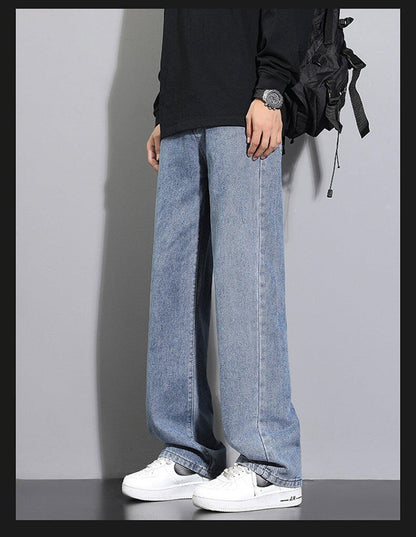 2025 New Korean Men's Casual Long Jeans Classic Man Straight Denim Wide-leg Pants Solid Color Light Blue Grey Black