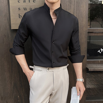 2025 Spring New Chinese Style High End Stand Up Collar Shirt Men's Long Sleeve Elastic Slimming Top Social Dress Shirt