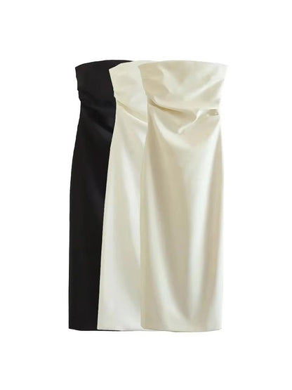 TRZA Women Fashion Strapless Gathered Midi Dress Sexy Straight Neck Back Slit Fe