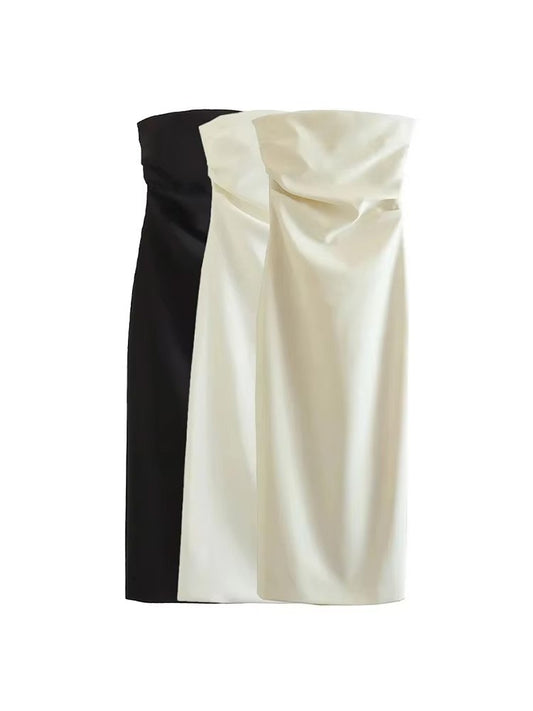 TRZA Women Fashion Strapless Gathered Midi Dress Sexy Straight Neck Back Slit Fe