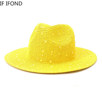 Hand made Diamond Straw Hat For Women's Summer Wide side Jazz Dress Cap Holiday Sun Protection Beach Hats