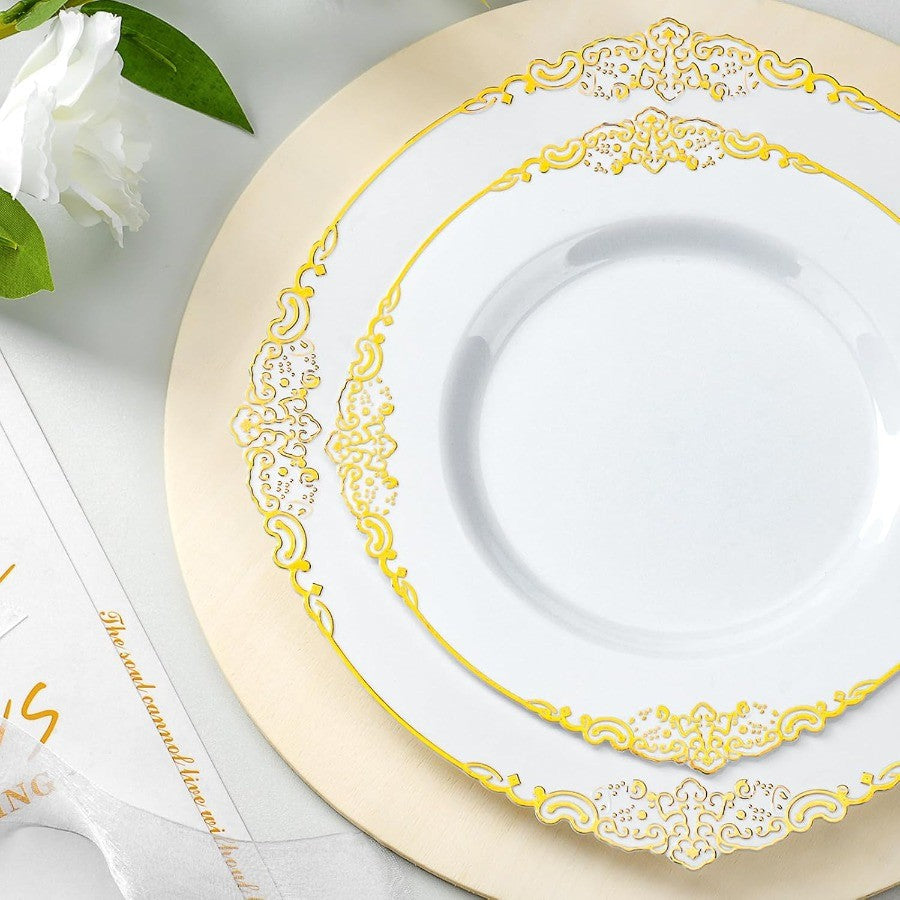 700PCS Gold Plastic Plates for 100 Guests Disposable Dinnerware Sets Include 200 Gold Rim Plastic Plates 100 Silverwares 100 Cu