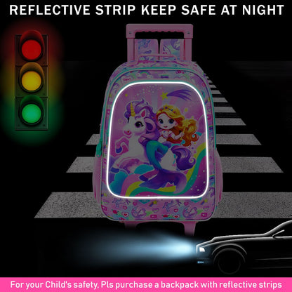 4PCS Rolling Bookbag for Girls, Cute Kids Mermaid Wheeled Backpack?Unicorn Roller School Bag with Wheels for Elementary Preschoo