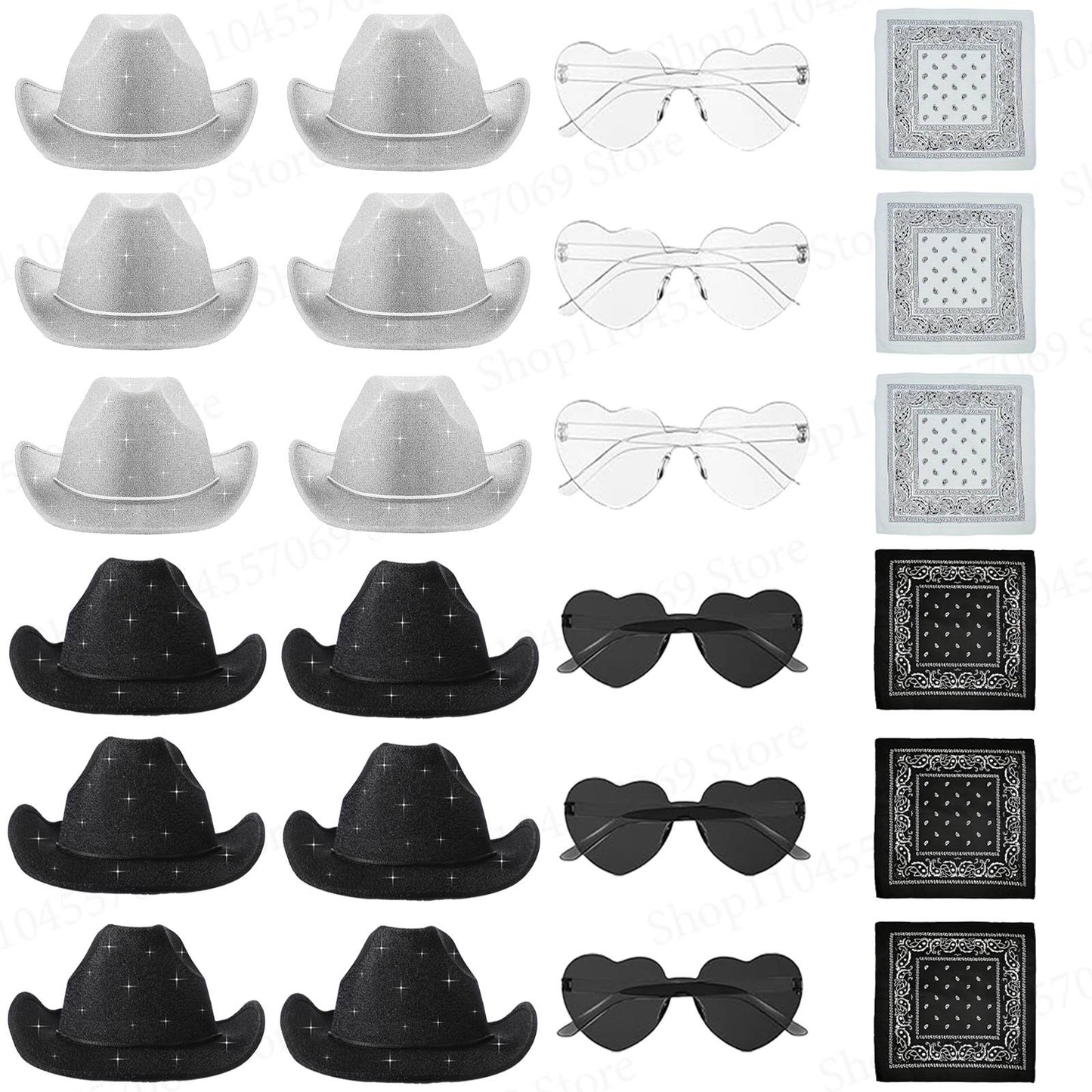 6-48Pcs Sparkly Cowboy Hat for Wedding Bachelorette Party Cowgirl Hats with Bandanas Heart Sunglasses Western Party Supplies