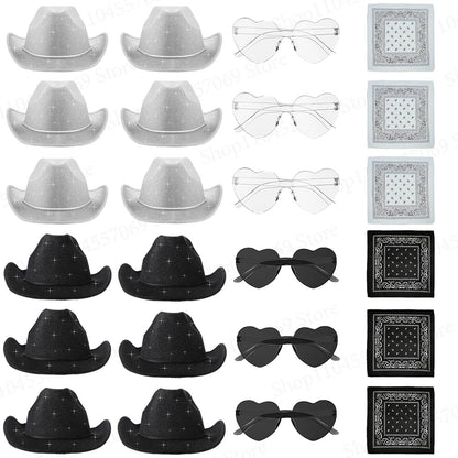 6-48Pcs Sparkly Cowboy Hat for Wedding Bachelorette Party Cowgirl Hats with Bandanas Heart Sunglasses Western Party Supplies