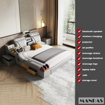 MANBAS Tech Smart Bed - the Ultimate Multifunctional Bedframe with Genuine Leather, Massage, Speaker, Projector, Air Purifier
