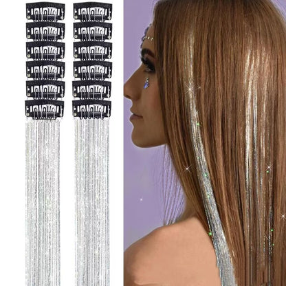 12Pçs Cabelo Sintético Tinsel 50cm com Presilha Glitter Tinsel Presilha de Cabelo Kit de Tinsel Resistente ao Calor Brilho Cintilante Cabelo de Fada