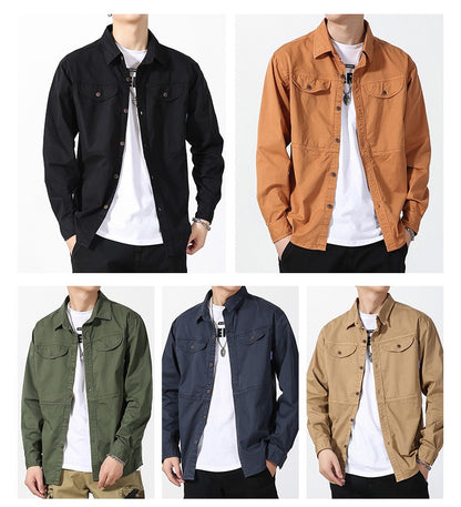 Men Slim Fit Turn-Down Collar Loose Cargo Shrit Spring Autumn Casual Wash Cotton Safari Style Jacket with Multiple Pockets Coat
