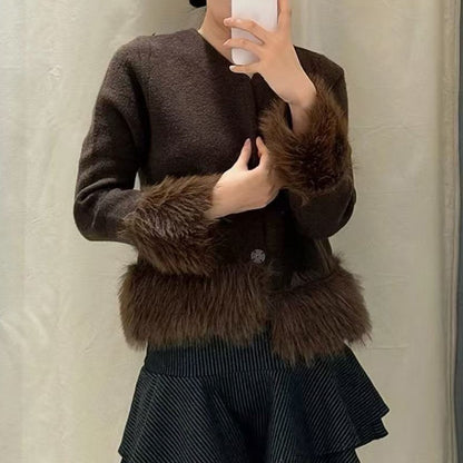 Ladies Coat With Plush Hem Faux Fur Single Breasted Patchwork Knitted Coat Autumn And Winter Daily Fashion Versatile Coat