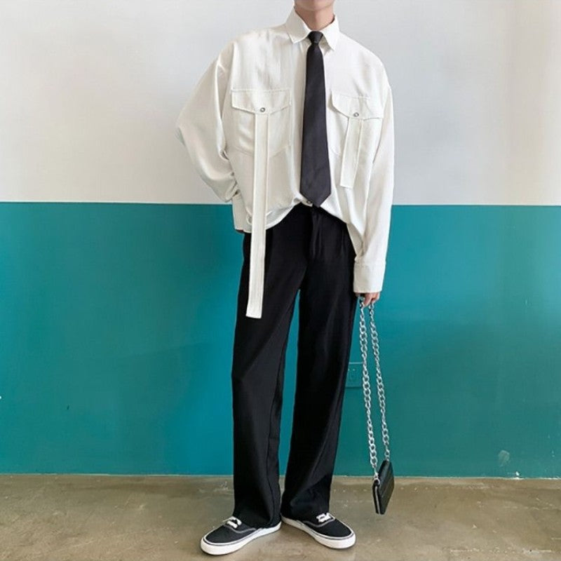 Gmiixder Cargo Long-sleeve Shirt with Tie Men's Oversize Kpop Shirt Korean Streetwear Versatile Motorcycle Pocket Streamers Coat