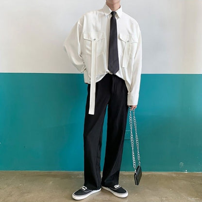 Gmiixder Cargo Long-sleeve Shirt with Tie Men's Oversize Kpop Shirt Korean Streetwear Versatile Motorcycle Pocket Streamers Coat