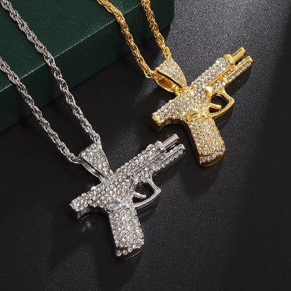 Pingente de Pistola com Gelo Cravejado Bling Colar de Metralhadora Masculino Personalidade Hip Hop Rock Punk Joia Legal para Festa de Rua Presente